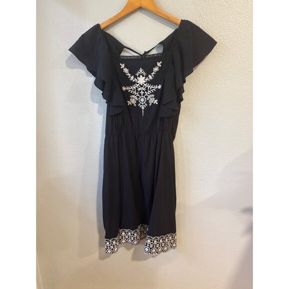 Old Navy Women's Black Embroidered Boho Ruffle Short Dress L - Picture 1 of 5